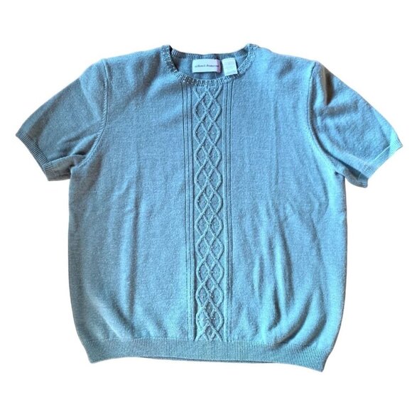 Vintage 90s Cable Knit Short Sleeve Sweater Shirt Beaded Green Large - Picture 9 of 9